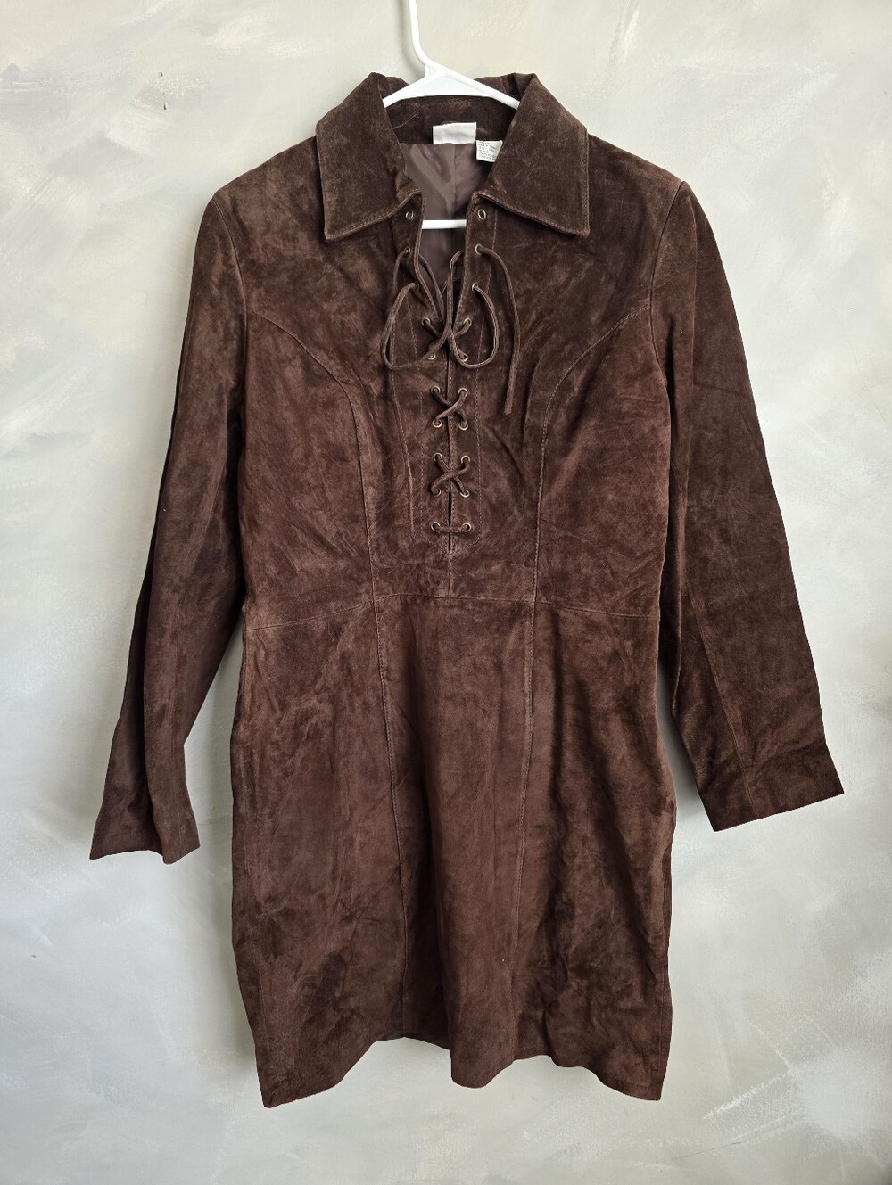 Y2K Vtg Newport News Brown Genuine Suede Lace Up Long Sleeve Mini Dress 10 NWT
